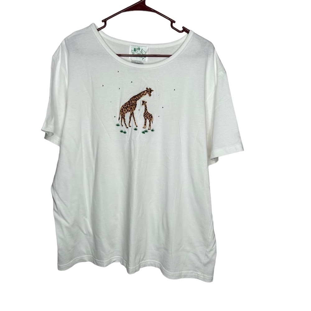 Quaker Factory Womens Giraffe Embroidered S/S Blouse Size 1X White